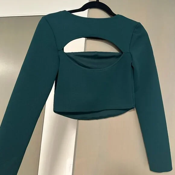 Zara Green Long Sleeve Cutout Back Square Neck Bustier Corset Crop Top - Picture 4 of 5